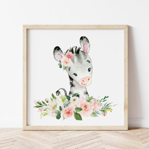 Zebra, Safari, Jungle, Pink Flowers, Girl Nursery Poster