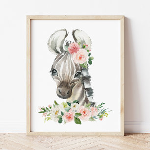 Zebra, Safari, Jungle, Pink Flowers, Girl Nursery Poster