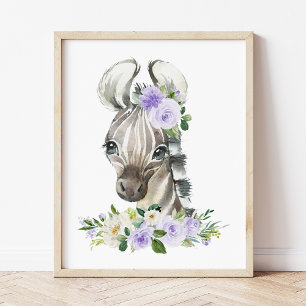 Zebra, Safari, Purple Flowers, Gender Neutral Photo Print