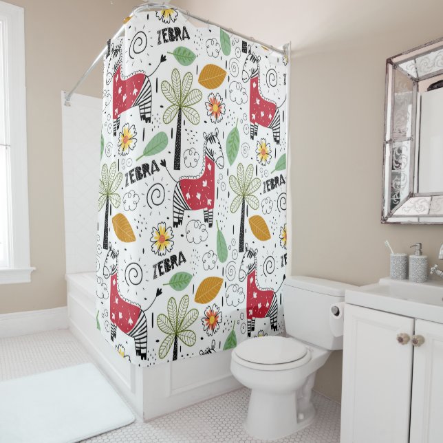 Zebra Safari themed Palm Tree, Flowers, doodle Shower Curtain (In Situ)