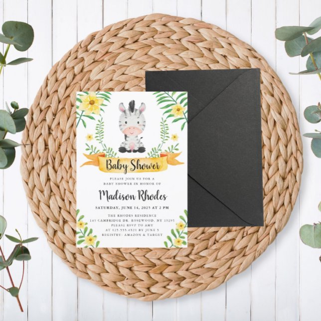 Zebra Safari Watercolor Baby Shower Invitation (Creator Uploaded)
