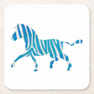 Zebra Silhouette Blue and White Square Paper Coaster