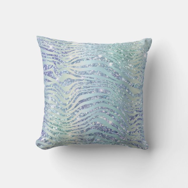 *~* ZEBRA Skin Diamond Glitter Animal Print Blue Cushion (Front)