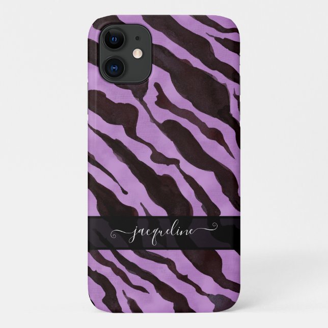 Zebra Skin Pattern Purple Black Modern Chic Name Case-Mate iPhone Case (Back)