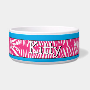 Zebra Skin Personalised Kitty Cat Bowl Aqua Trim