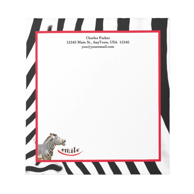 Zebra Smile Black/White/Red Customisable Notepad (Front)