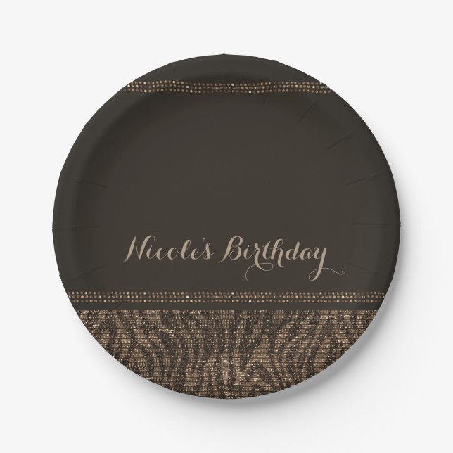 Zebra Sparkle Brown Gold Glam Chic Elegant Party Paper Plate (Front)