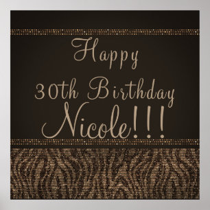 Zebra Sparkle Brown Gold Glam Chic Party Banner Poster
