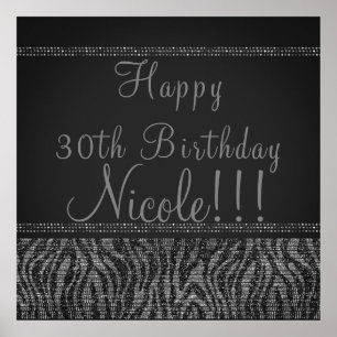 Zebra Sparkle Silver Black Glam Chic Party Banner Poster