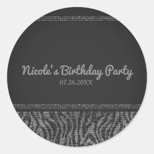 Zebra Sparkle Silver & Black Glam Party Favour Classic Round Sticker