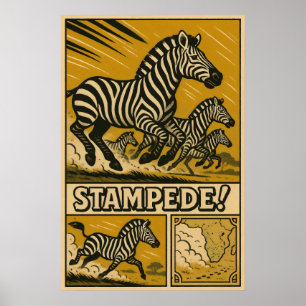 Zebra Stampede Retro Safari Art Poster