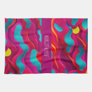 Zebra Strides waves Pink Navy Rainbow Pattern Tea Towel