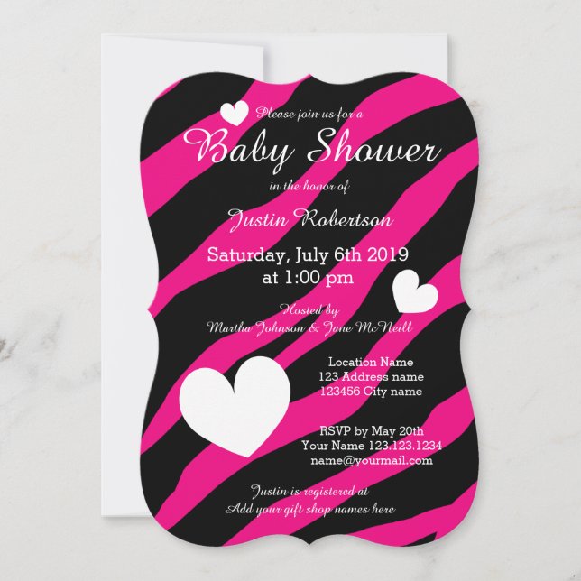 Zebra stripe baby shower invitations with hearts (Front)