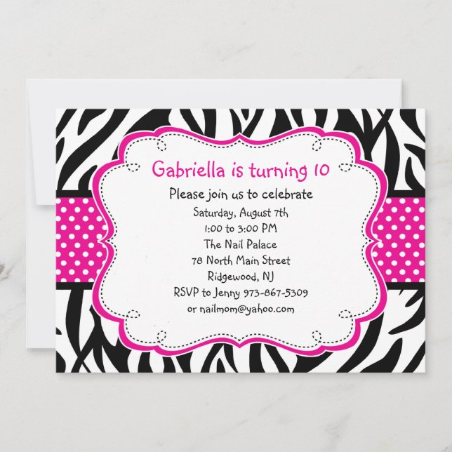Zebra Stripe & Hot Pink Ribbon Kids Invitation (Front)