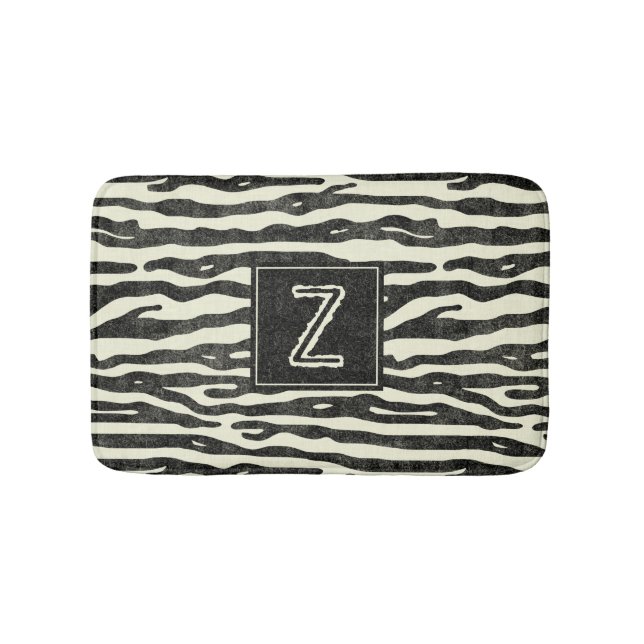 Zebra Striped Animal Print Pattern Monogrammed Bath Mat (Front)
