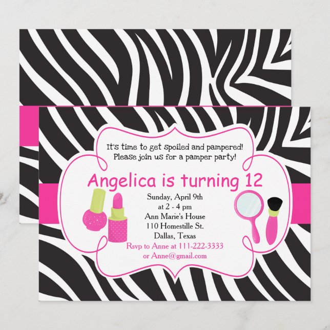 Zebra Striped Birthday Pamper Party Sleepover Invitation (Front/Back)