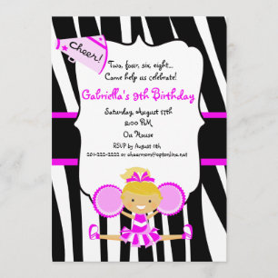 Zebra Striped Hot Pink Cheerleader Birthday Invite