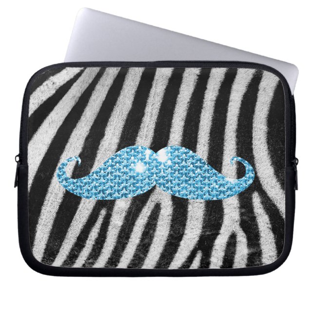 Zebra Stripes And Blue Bling Moustache Laptop Sleeve (Front)