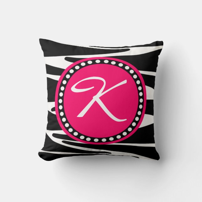 Zebra Stripes and Hot Pink Circle Initial Monogram Cushion (Front)