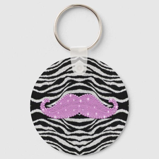Zebra Stripes And Pink Bling Moustache Key Ring (Front)