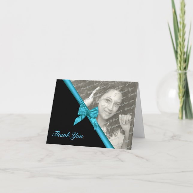 Zebra Stripes and Ribbon Thank You Note with Photo Card (Front)