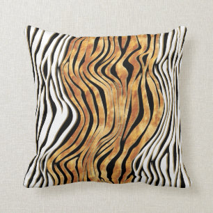 Zebra stripes animal print black gold orange white cushion