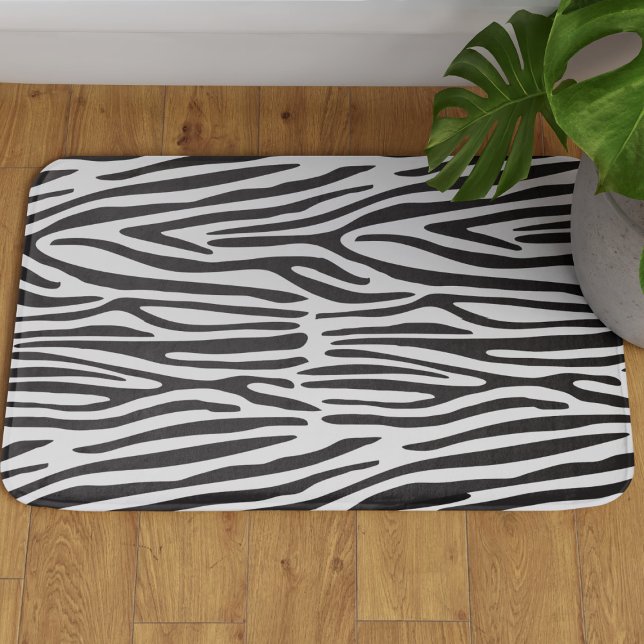 Zebra Stripes Animal Print Large Bath Mat (Cute black and white zebra stripes bath mat with safari vibes!)