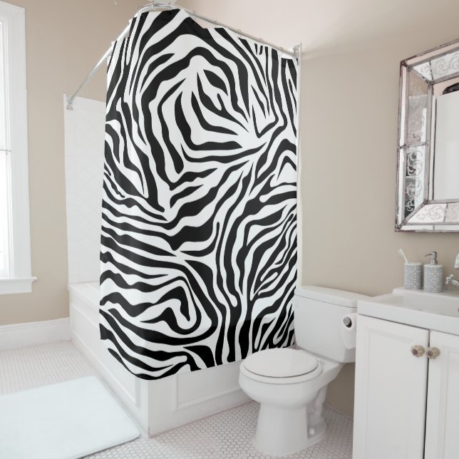 Zebra Stripes Black And White Wild Animal Print Shower Curtain (In Situ)