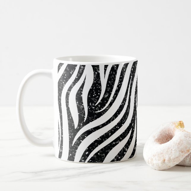Zebra Stripes Black Glitter Wild Animals Print Coffee Mug (With Donut)