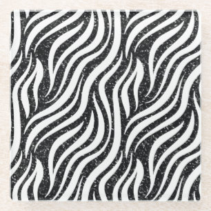 Zebra Stripes Black Glitter Wild Animals Print Glass Coaster