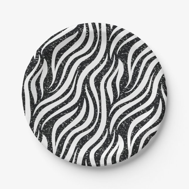 Zebra Stripes Black Glitter Wild Animals Print Paper Plate (Front)