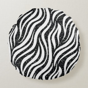 Zebra Stripes Black Glitter Wild Animals Print Round Cushion