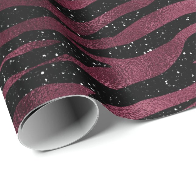 Zebra Stripes Black Marsala Glitter Burgundy Glam Wrapping Paper (Roll Corner)