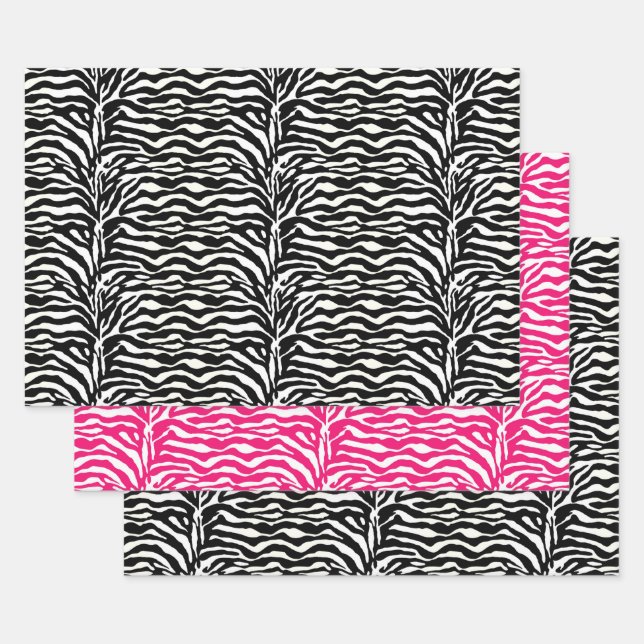 Zebra Stripes, Black & White, Hot Pink  Wrapping Paper Sheet (Set)
