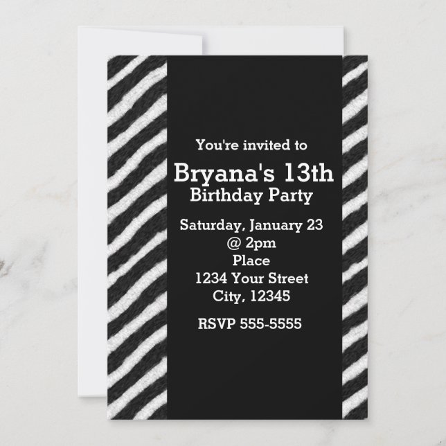 Zebra Stripes Chic Birthday Glam Party Invitations (Front)