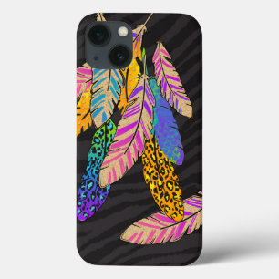 Zebra Stripes & Colourful Feathers Black iPhone 13 Case