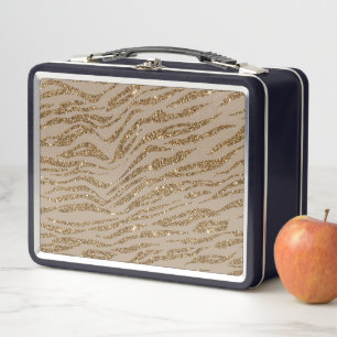 Zebra Stripes Golden Glitter Elegant Glamourous Metal Lunch Box