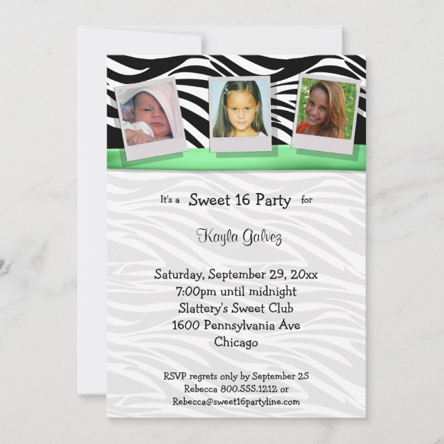 Zebra Stripes Green Ribbon Photo Party Invite (Front)