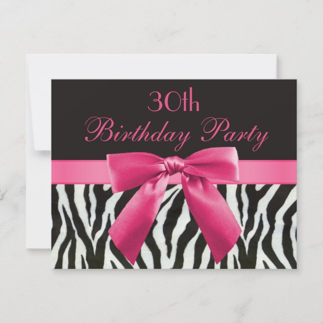 Zebra Stripes & Hot Pink Printed Bow 30th Birthday Invitation (Front)