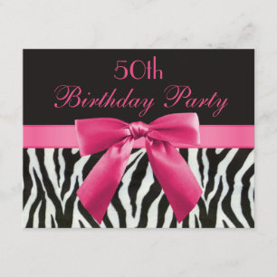 Zebra Stripes & Hot Pink Printed Bow 50th Birthday Invitation