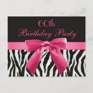 Zebra Stripes & Hot Pink Printed Bow 60th Birthday Invitation