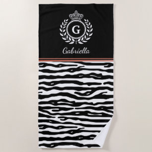Zebra Stripes Laurel Wreath Crown Black White Name Beach Towel