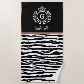 Zebra Stripes Laurel Wreath Crown Black White Name Beach Towel
