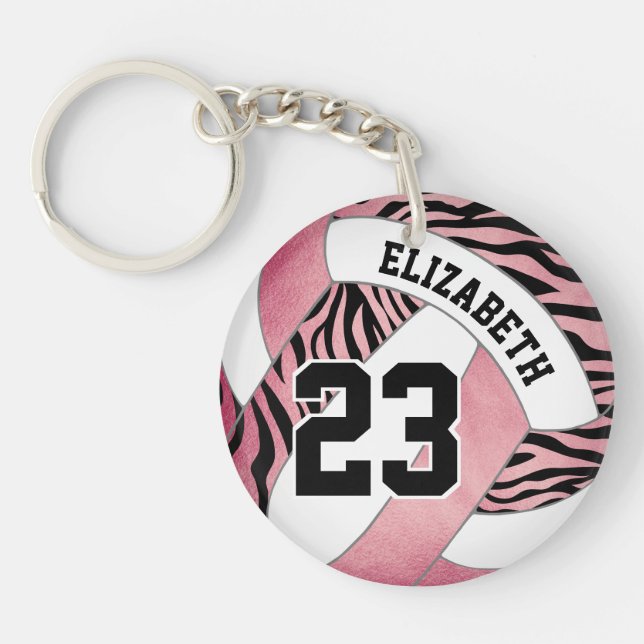 zebra stripes on pink girls volleyball key ring (Front)