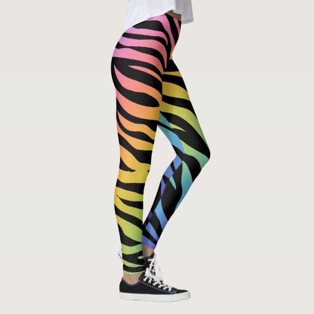 Zebra Stripes Rainbow Gradient Print on Black Leggings (Right)