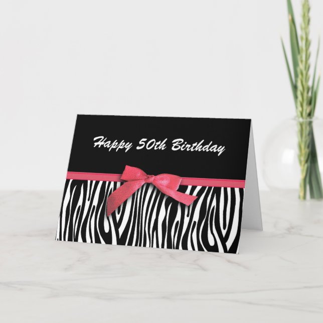 Zebra stripes red ribbon-look happy 50th birthday card (Front)