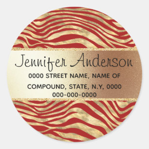 Zebra stripes safari animal print gold Burgundy Classic Round Sticker