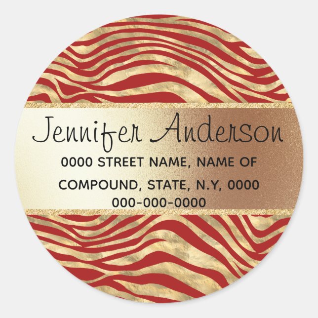 Zebra stripes safari animal print gold Burgundy Classic Round Sticker (Front)