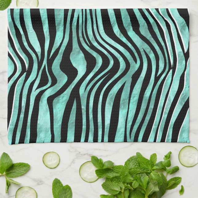 Zebra stripes safari skin animal print teal black tea towel (Folded)