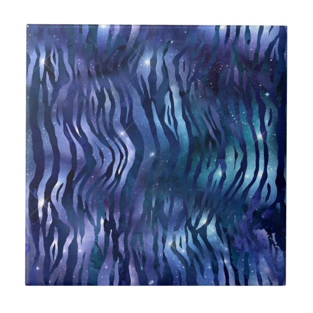 Zebra Stripes Shining Star Blue Starry Night Space Ceramic Tile (Front)